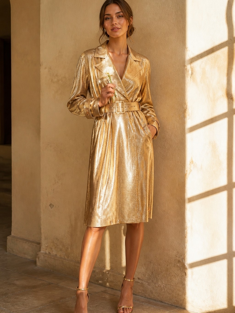 VINTAGE 1960 Metallic Bronze Long-Sleeve Belted Wrap Dress